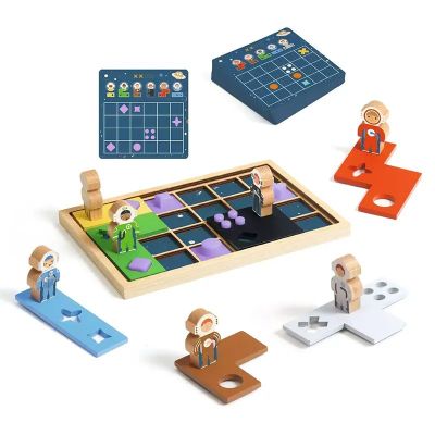 Piezas y tablero del juego Sologic Space Orbit de la marca Djeco